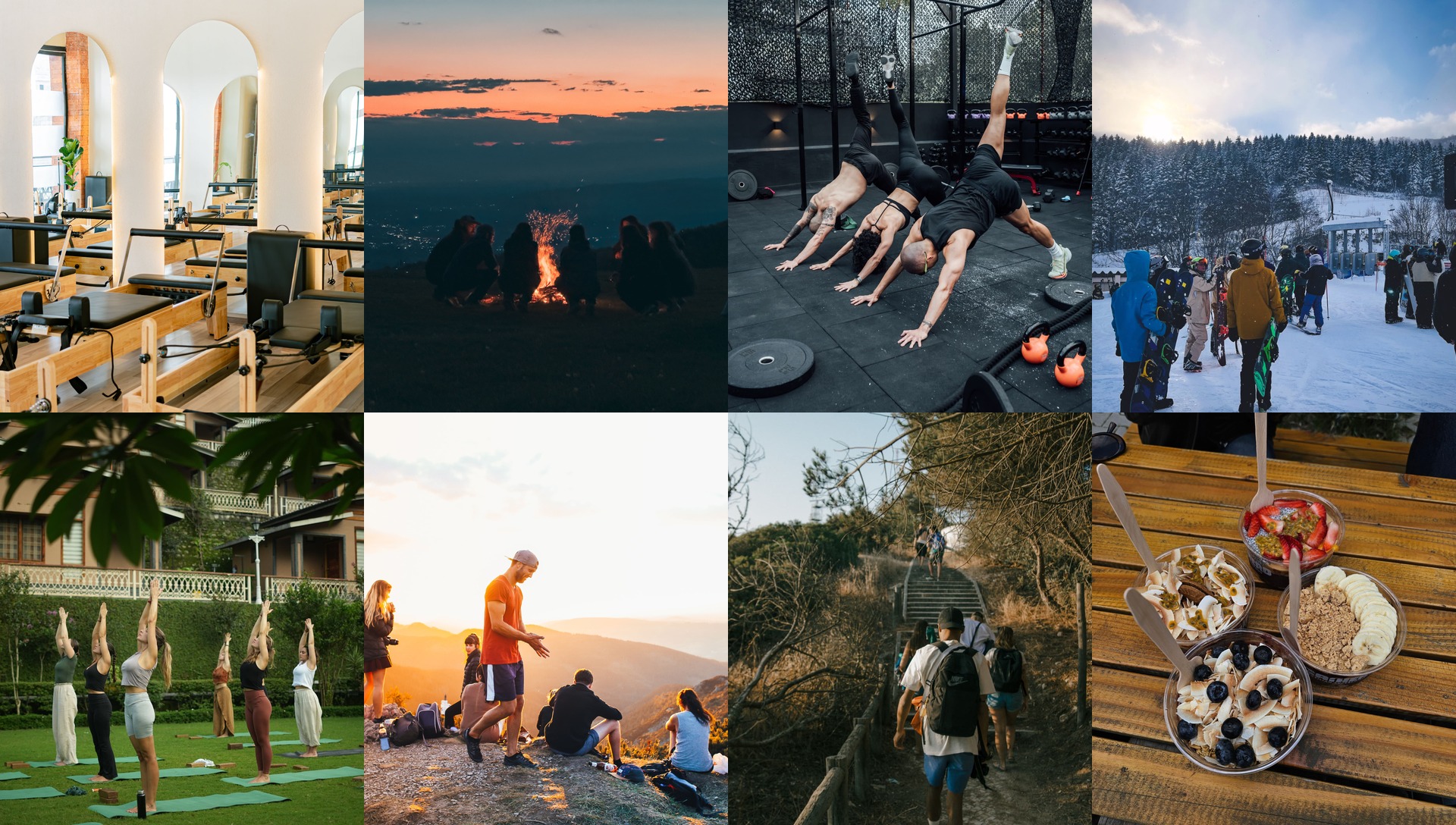 Collage of young adults on group trips — pool parties, firepits, snowboarding and seaside villas